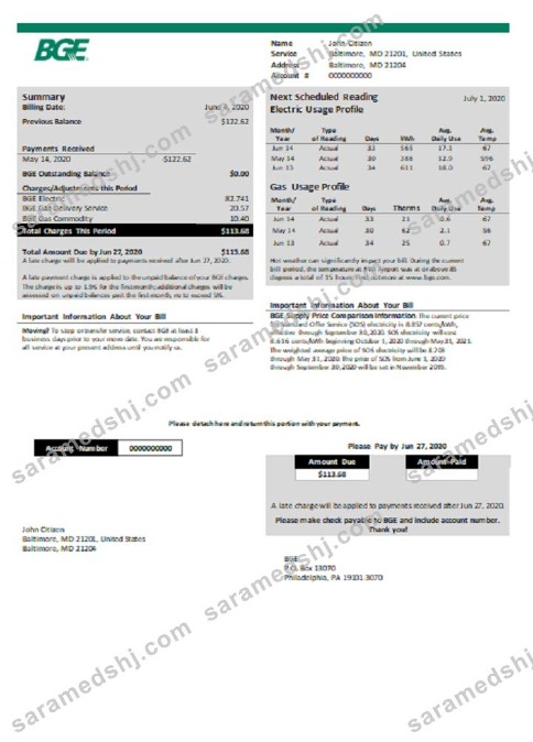 USA BGE gas and electric utility bill